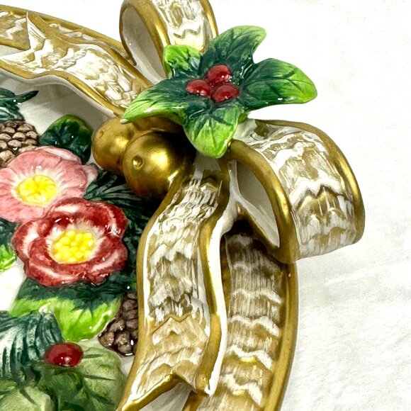 Fitz and Floyd Classics Christmas Raised Ribbon Wreath Canape Plate Red Vintage - Picture 9 of 15